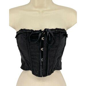 Pretty Little Thing Cropped Corset Black Satin Jacquard Hook‎ Eye Front Size 2